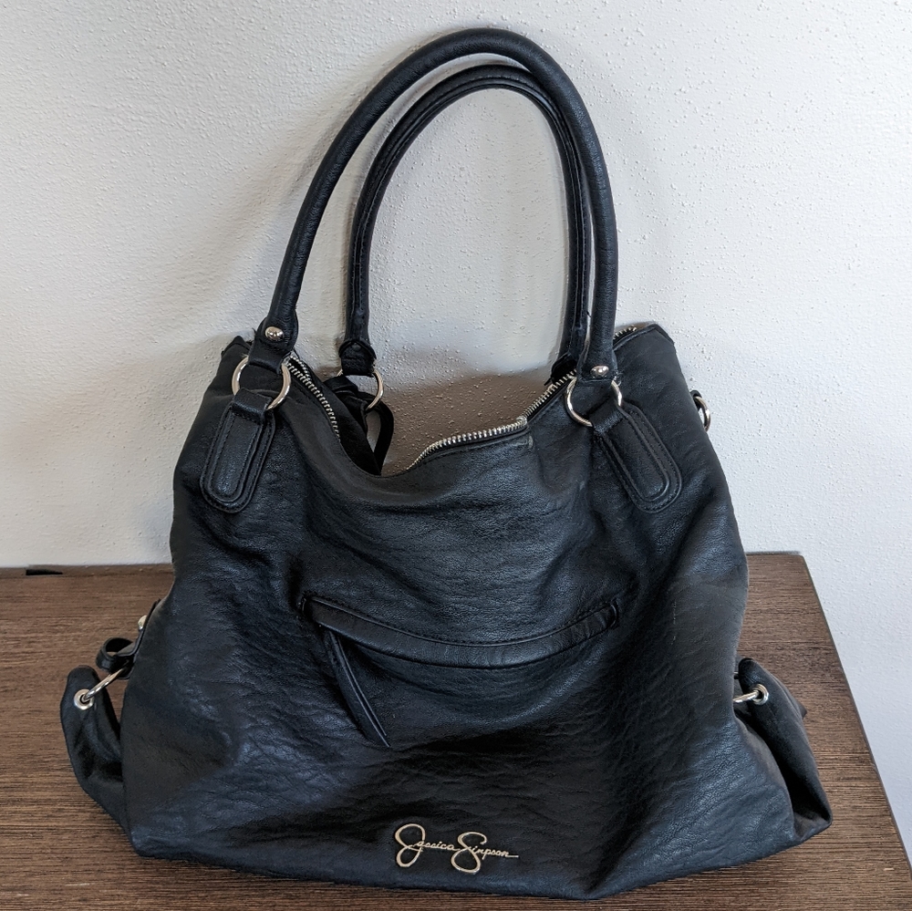 Jessica Simpson Claireen Black Blue Faux Fur Leather Shoulder Bag